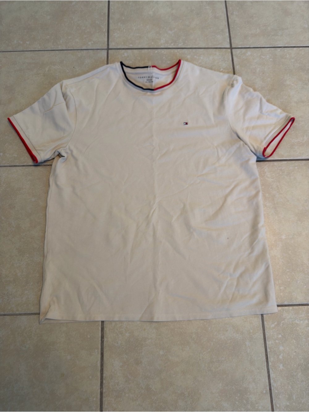 Tommy Hilfiger White Short Sleeve Tee with Red Trim and Subtle Logo